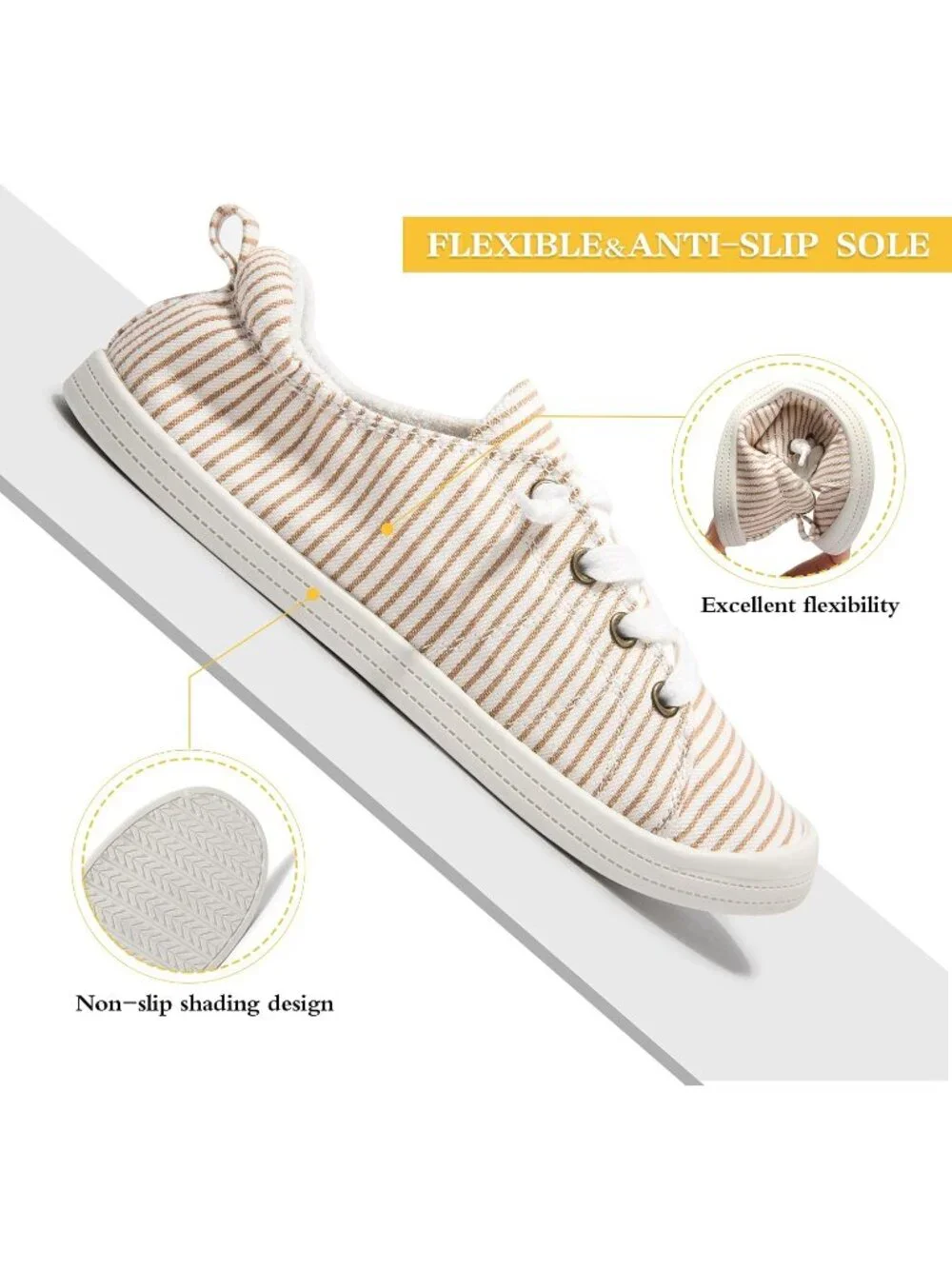 Women's Beige Stripe Comfortable Lace-Up Flat Breathable Walking Casual Sneakers